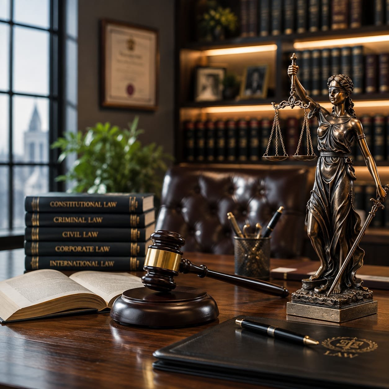 Lady Justice statue, gavel and law books on a desk in a law office
